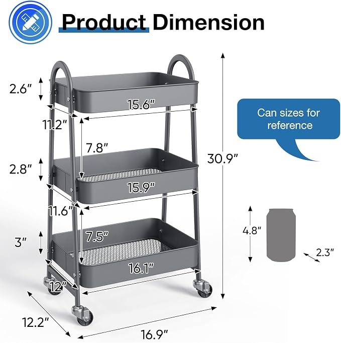 OLIXIS Metal 3 Tiers Utility Rolling Cart, Mobile Storage Shelf - Image 7