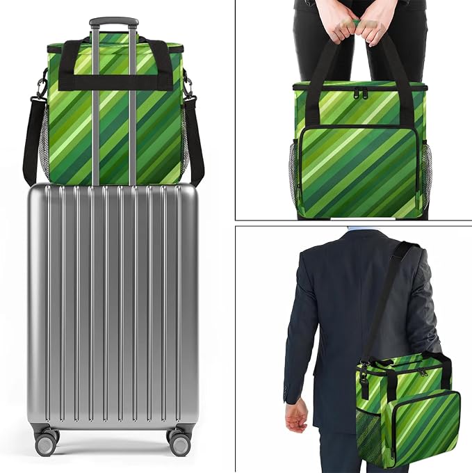Green Coffee Maker Travel Bag, Stripes Insulated Grocery Bag Travel Picnic - Image 7