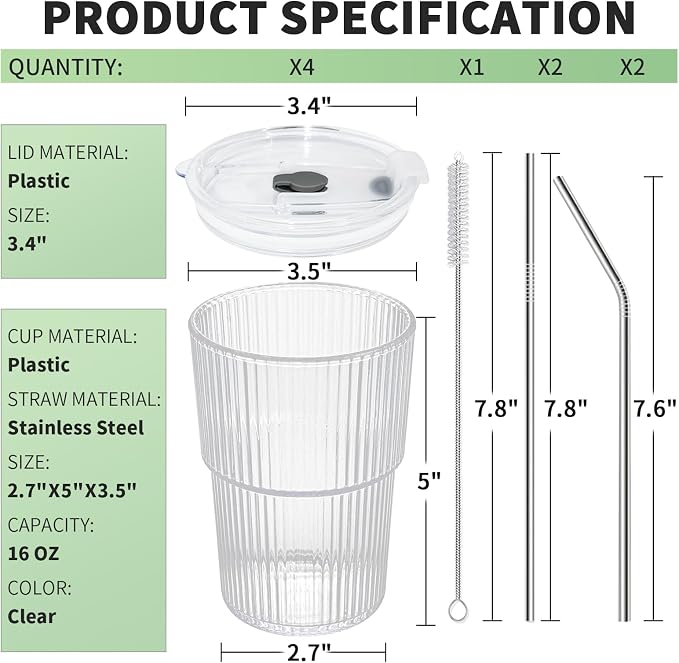 16 OZ Iced Coffee Cups with Lids and Straws Set of 4, Unbreakable Plastic - Image 4
