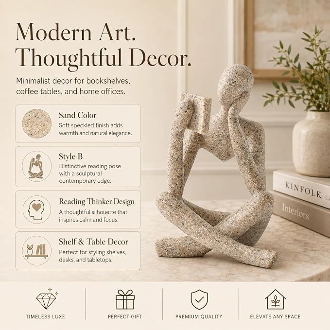 Bookshelf Decor Thinker Statue, Sand Abstract Reading Figurine, Resin - Image 7