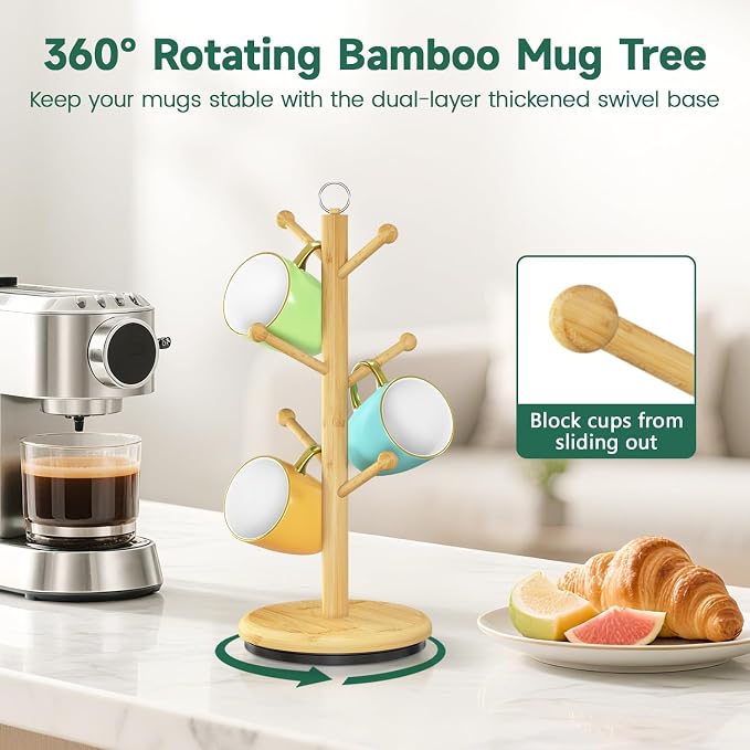 EsLuker.ly Mug Holder Tree Bamboo 360° Rotating Coffee Cup Display Rack - Image 3