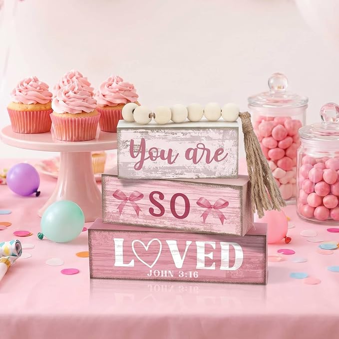 Yuntau 4 Pcs Pink Bow Decor Christian Table Decor Wooden Block Signs You Are So - Image 8