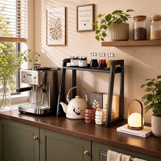 Natural Bamboo Coffee Station Organizer, 2-Tier Wooden Kitchen Counter Shelf - Image 5