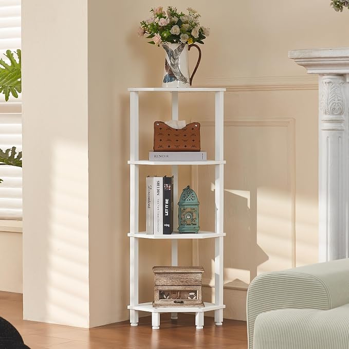 YUFAM 4-Tier Corner Shelf with Sturdy 5-Leg Base, Wooden Corner Bookshelf by YUFAM