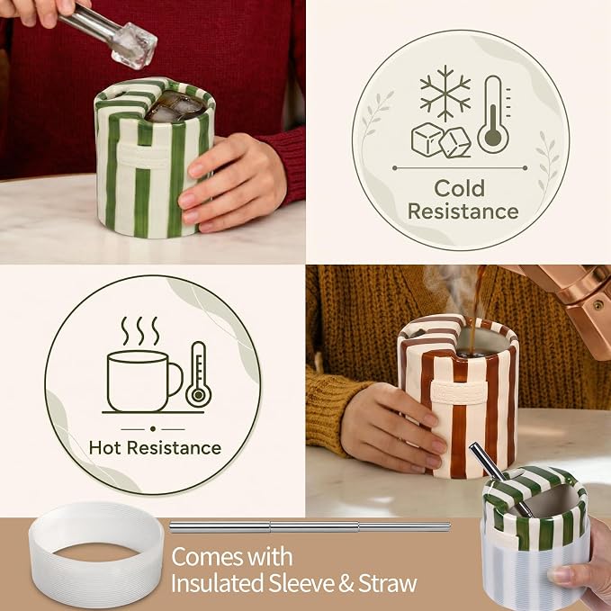 Ceramic Coffee Mug with Sip Hole Espresso Cup 10oz with Straws and Sleeve | - Image 4
