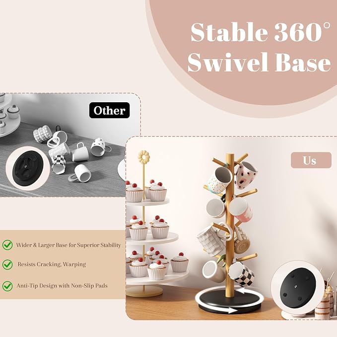 STDDRE Mug Holder Tree 360° Rotated Mug Tree Coffee Cup Holder Bamboo Rack - Image 9