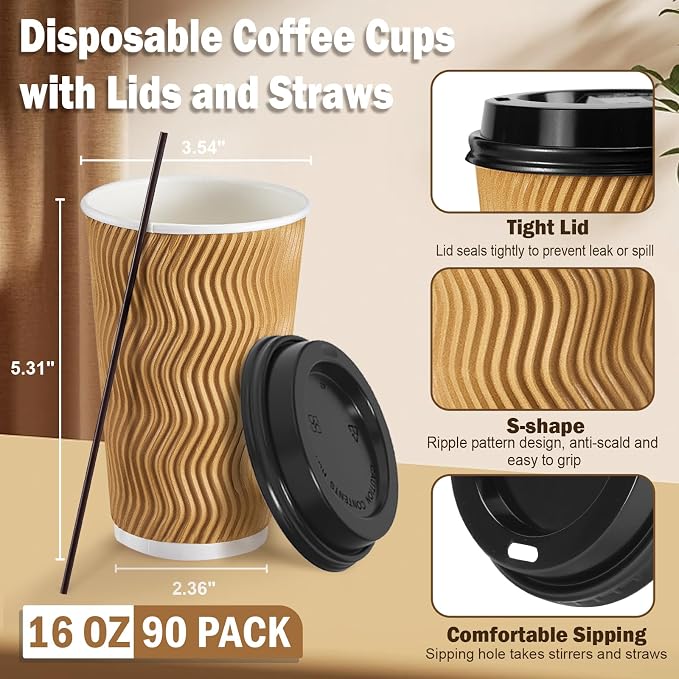 SIUQ 16 oz Coffee Cups-90 Pack Disposable Coffee Cups - Image 2