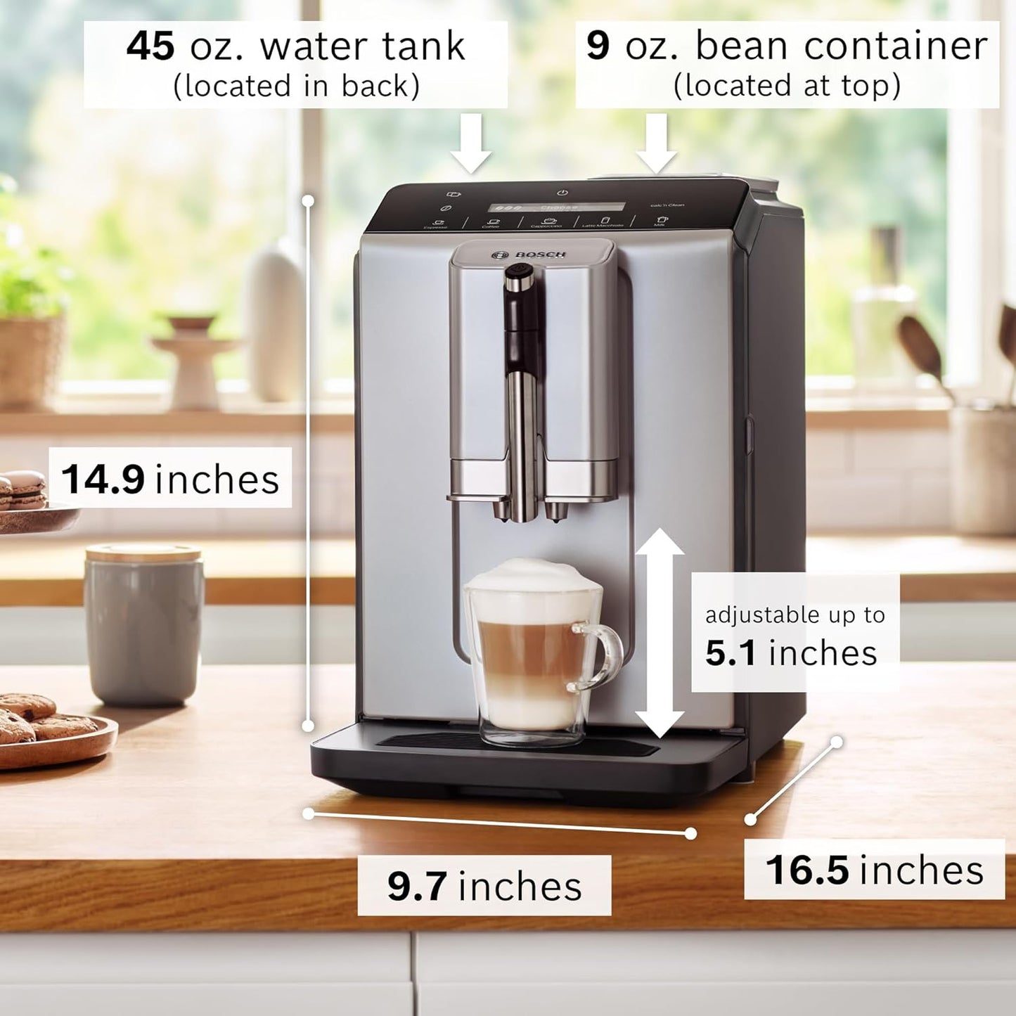 Bosch 300 Series Fully Automatic Espresso and Coffee Machine – In-Cup Frother, OneTouch Milk Drinks, 5 Drink Options, Ceramic Grinder, Easy Clean & Descale, in Silver TIU20307