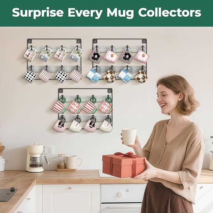 EsLuker.ly Mug Holder Hanger Rack Wall Mounted Wooden 3 Pack Coffee Cup Storage - Image 7