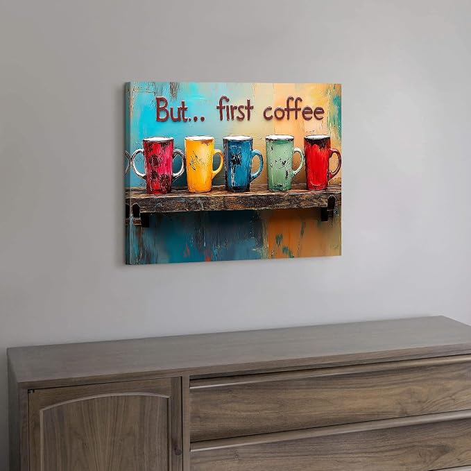 But First Coffee Canvas Wall Art Colorful Kitchen Wall Decor Rustic Abstract - Image 5