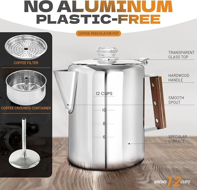 Percolator Coffee Pot Stainless Steel Camping Coffee Pot-NO Aluminum or Plastic - Image 2