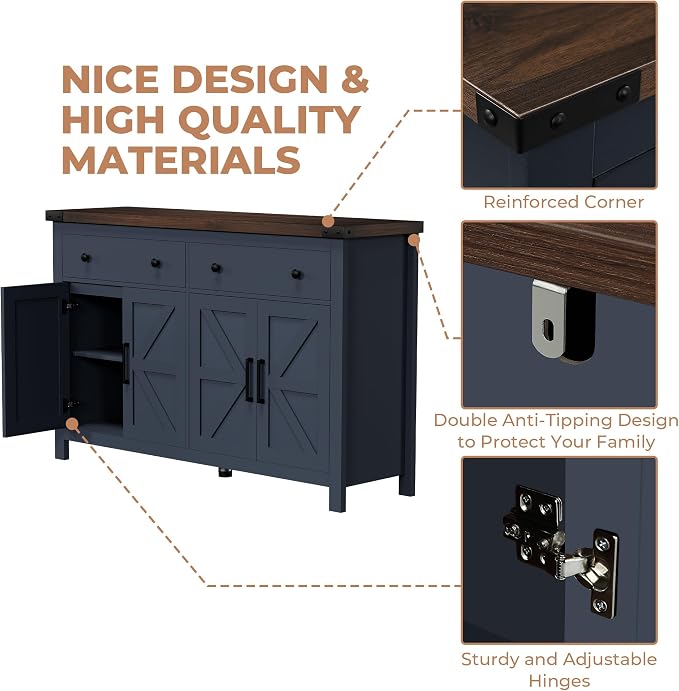 VVFLU 55'' Buffet Cabinet with Storage, Farmhouse Kitchen Storage Cabinet with - Image 6