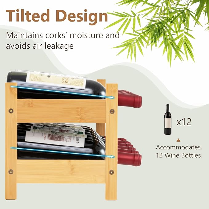Giantex Bamboo Wine Rack, 2 Tier 12 Bottle Wine Storage Cabinet Shelf, Small - Image 4