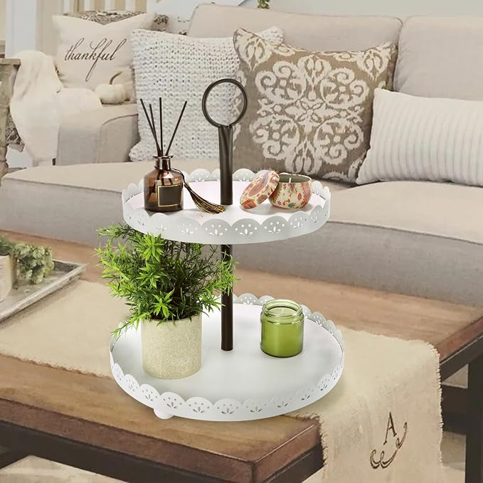Wooden Two Tiered Tray Stand, Farmhouse Round 2 Tier Decorative Tray - Image 6