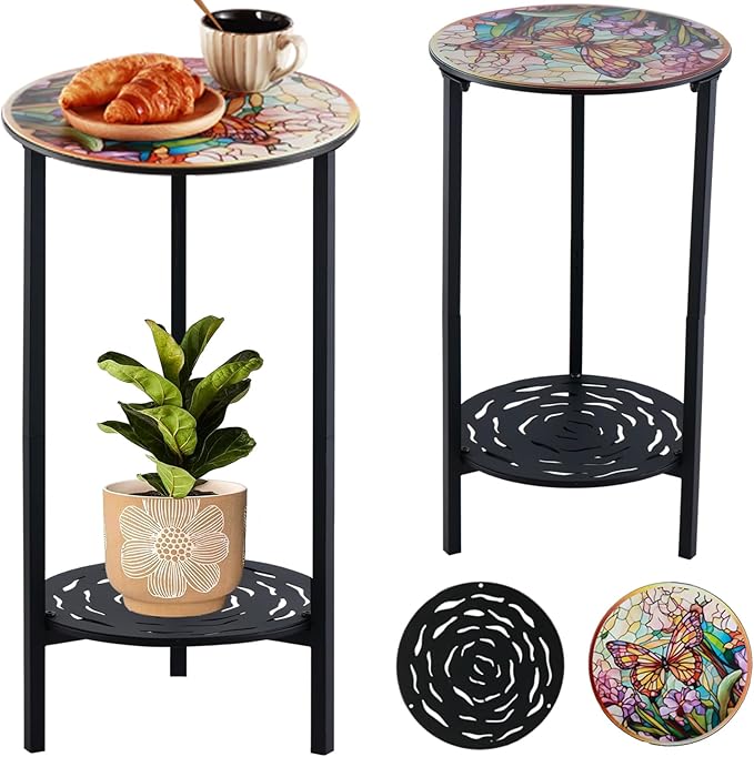 2 Packs Two-Tier Metal Round Side Table Set of Two Black Accent Coffee Tables by Unknown