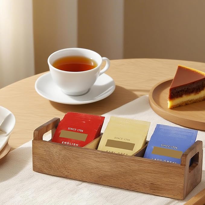 HTB Small Wooden Tea Bag Box 2PCS, 3 Compartments Acacia Wood Tea Bag Chest - Image 9