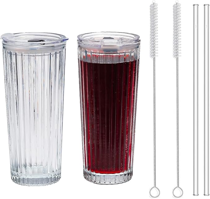 20oz Glass Tumblers with Lids and Straws by SUROQUE