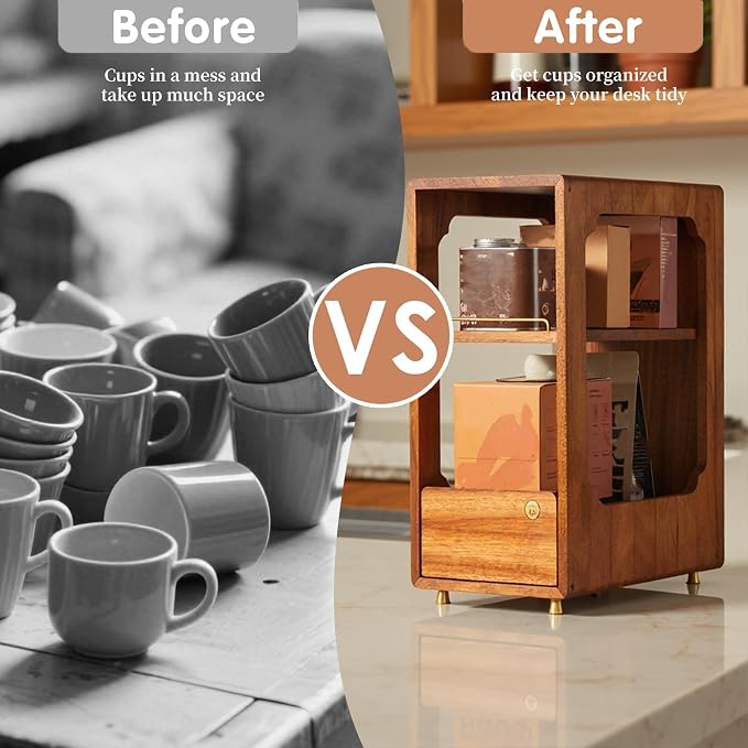 Coffee Bar Organizer for Countertop, 2-Tier Walnut Wood Coffee Station Organizer - Image 5