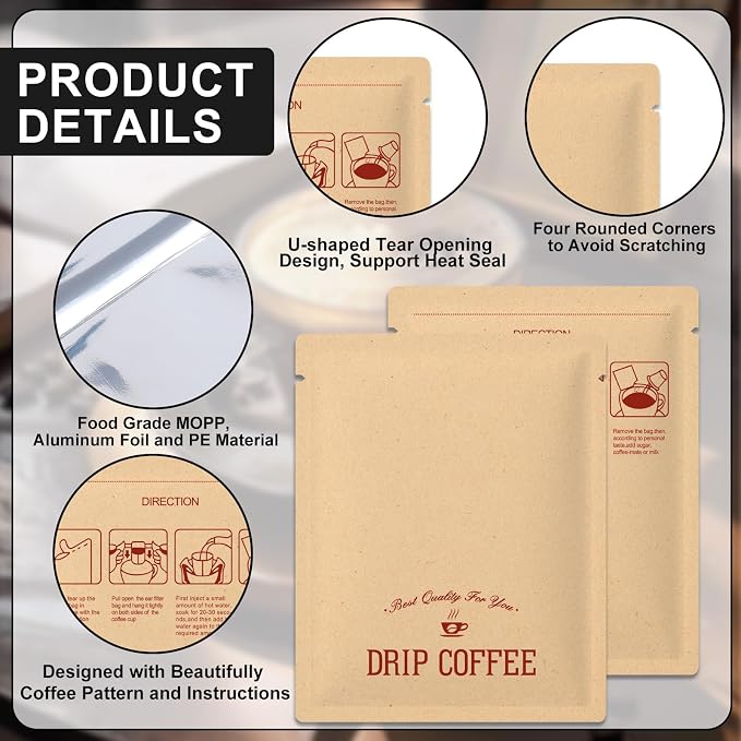 100 PCS Drip Coffee Bag with Coffee Filter Paper Bag Aluminum Foil Hanging Ear - Image 2