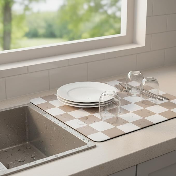 1-Piece Checkered Dish Drying Mat, Absorbent ​Kitchen Counter​ Protector - Image 7