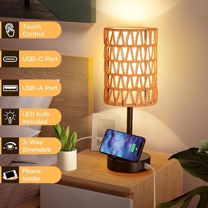 Rattan Table Lamps for Living Room, 3 Way Dimmable Touch Lamps, Small Bedside - Image 2