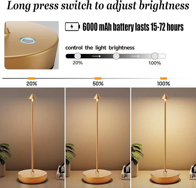 Rechargeable Cordless Table Lamp, Portable Powered LED Battery 6000mAh Metal - Image 4