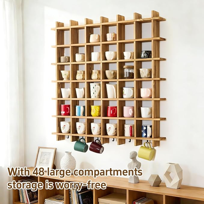 Oversize Coffee Mug Display Rack, 41 x 41 Inch Wooden Mug Shelf - Image 7