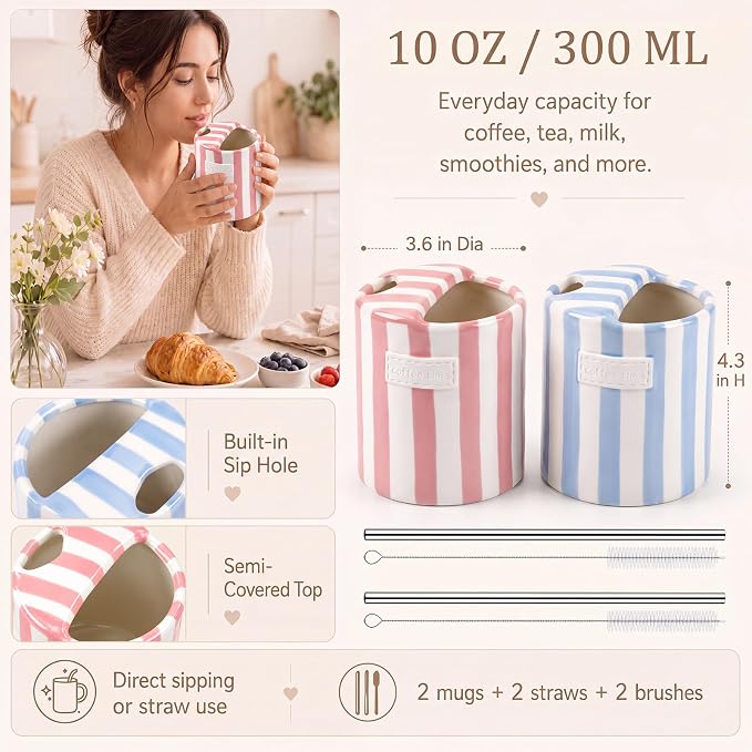 2 Pack Ceramic Coffee Mug with Sip Hole Espresso Cup 10oz with Straws Retro - Image 2