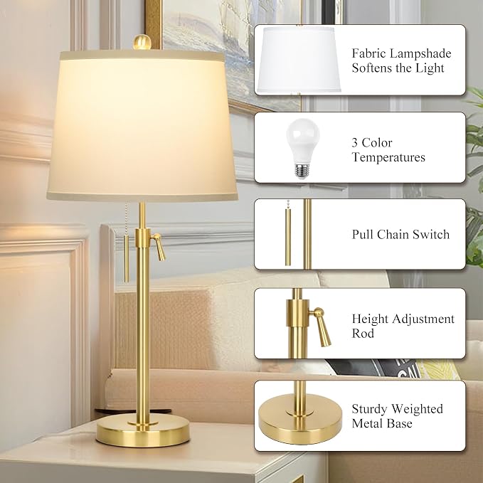 JUNNAI 2 Pack 22"-30" Adjustable Height Table Lamps Set, Modern Gold Table Lamps - Image 4