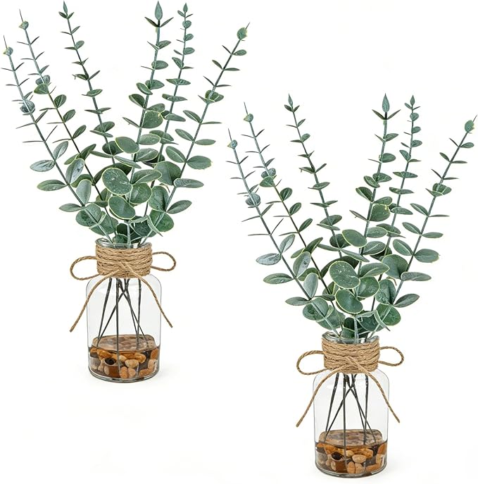2 Pack Artificial Eucalyptus Stems in Glass Vases, Small Faux Plants by UNLEMONI