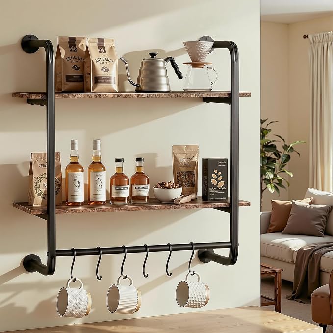 2 Tier Industrial Pipe Floating Shelf, Coffee Bar Shelves Display Bookshelf - Image 6