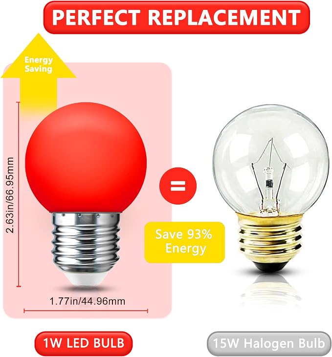 LED Red Light Bulb 15W Equivalent, 1W LED Colored Night Lights, G45 Christmas - Image 3
