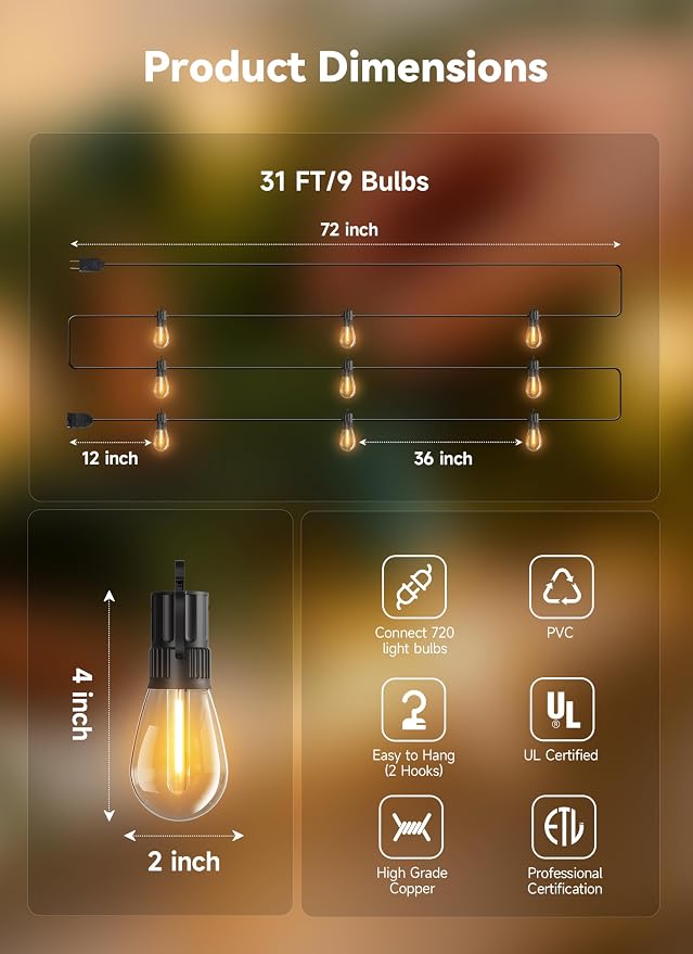 Minetom 31FT Outdoor String LED Patio Lights Waterproof, Shatterproof S14 - Image 3
