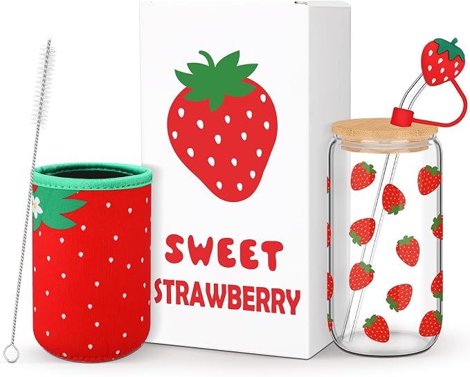 Reallnaive Strawberries Gifts for Women 16 oz Aesthetic Iced Coffee Cup Glass by Unknown