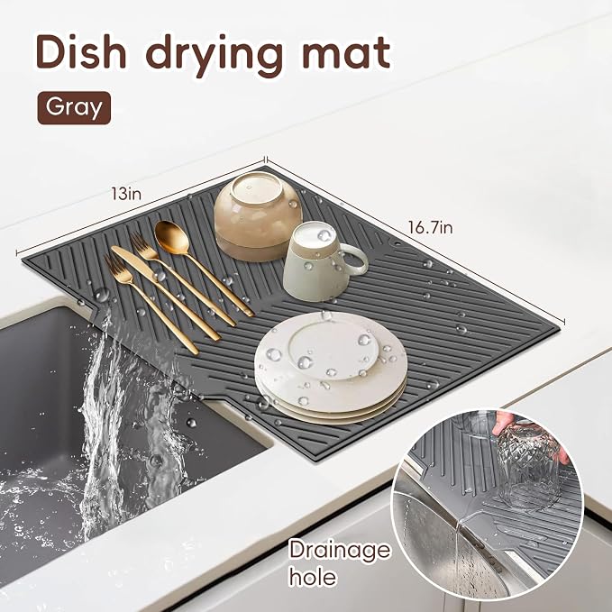 Silicone Dish Drying Mat with Drain Lip 17” x 13”, Heat-Resistant Sloped Sink - Image 2