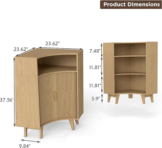 Fluted Corner Cabinet with Open Storage, Modern Floor Cabinets with Sliding - Image 2