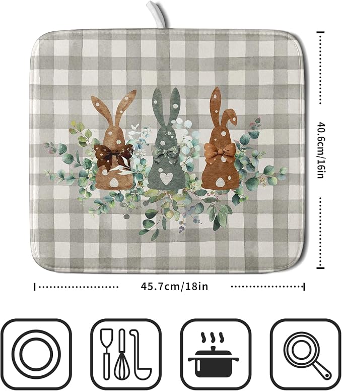Spring Bunny Dish Drying Mats for Kitchen Counter, Rabbits Leaves Grey Buffalo - Image 2