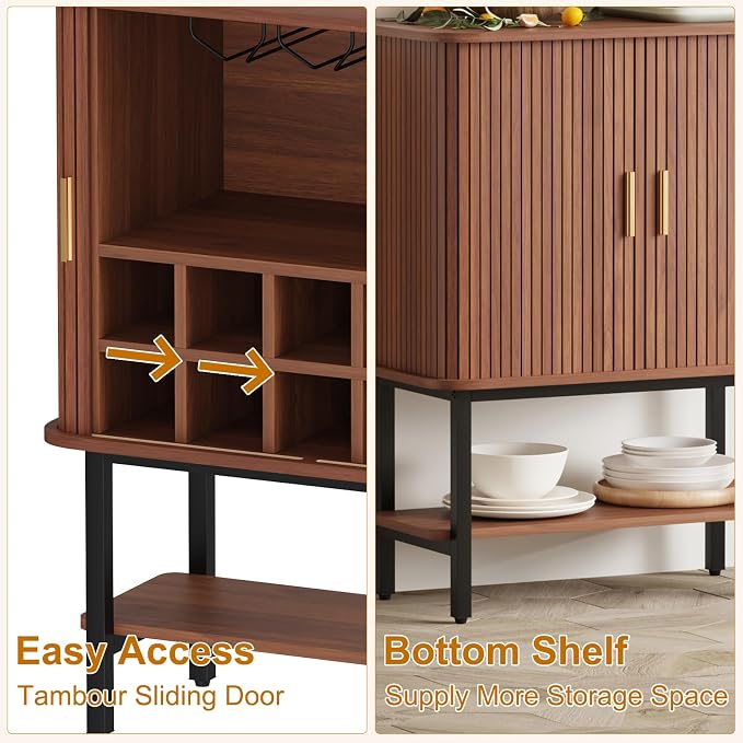 Wine Cabinet with Storage, Liquor Cabinet with Sliding Doors & Open Wine Rack - Image 5