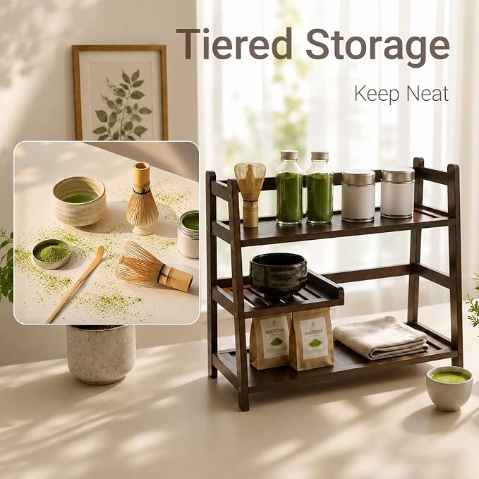 3 Tier Bamboo Matcha & Coffee Station, Countertop Organizer Shelf - Image 4