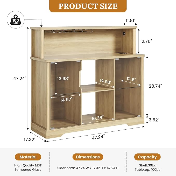 47'' Wine Bar Cabinet with Mini Fridge Space & Charging Station, Coffee Bar - Image 2