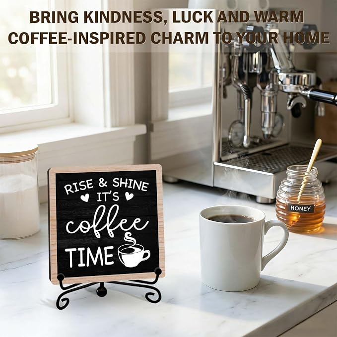 Rustic Coffee Bar Decor, Rise & Shine It's Coffee Time Wood Plaque - Image 3