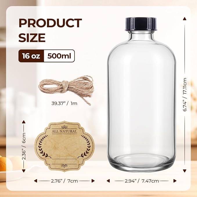 3 Pack, 16 OZ Clear Glass Bottles Boston Round Sample Refillable Bottles - Image 2