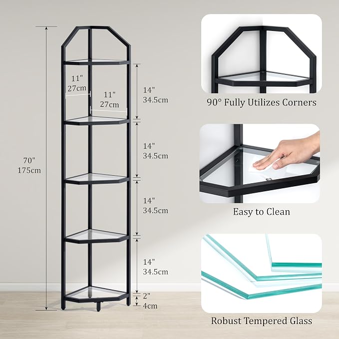 5-Tier Corner Shelf Stand, Bathroom Storage Rack Shelf, Plant Rack, Tempered - Image 3