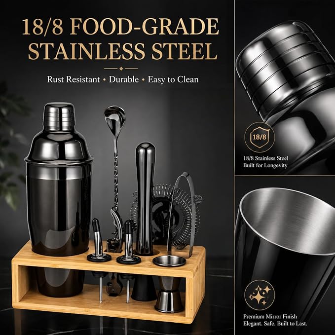Black Cocktail Shaker Set, Premium 18/8 Stainless Steel Mixology Bartender Kit - Image 3