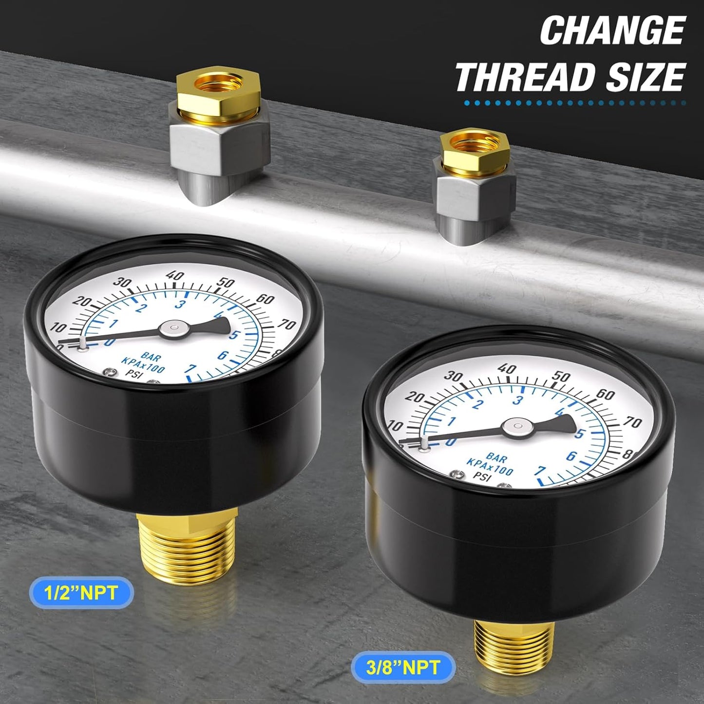 MEANLIN MEASURE 0-100Psi 2" DIAL FACE 1/4" NPT Well Pump Pressure Gauge, with 1/2" NPT and 3/8" NPT Hex Bushing, 3-2-3% Accuracy, Center Back Mount