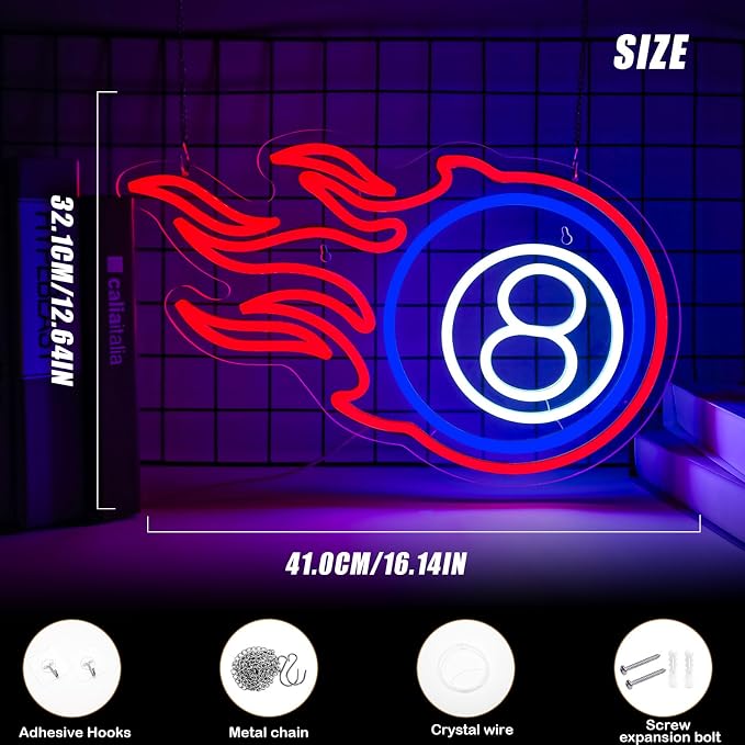 Billiard Neon Sign 8 Ball Sign, Flame Pool Room Decor Wall Light - Image 2