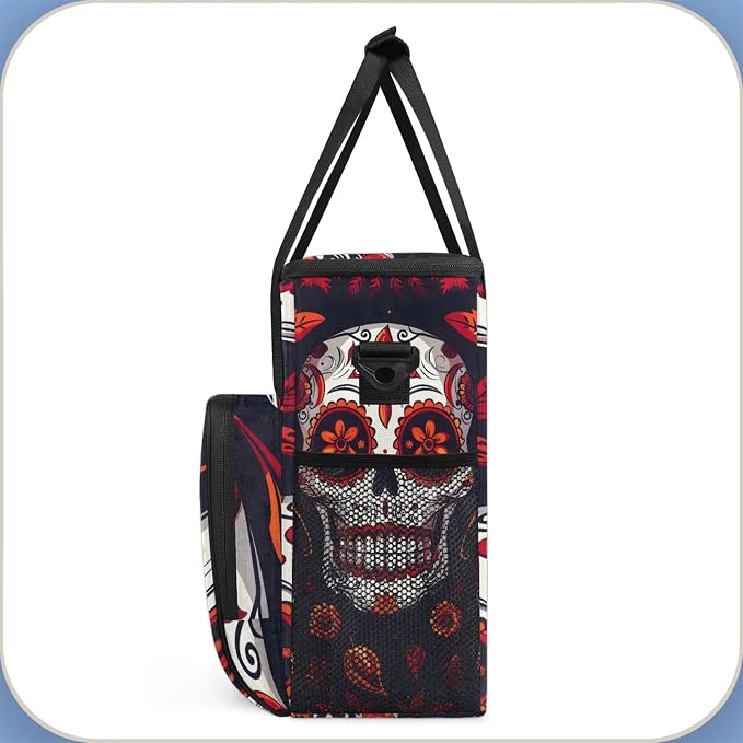 Sugar Skull Mexican Floral Skeleton Coffee Maker Carring Bag, Large Insulated - Image 4
