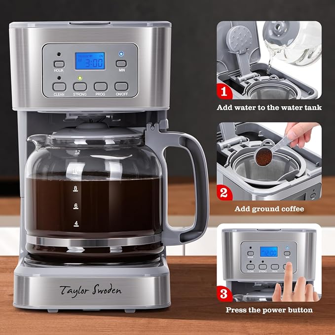 Taylor Swoden 12-Cup Programmable Coffee Maker, Regular & Strong Brew Drip - Image 9