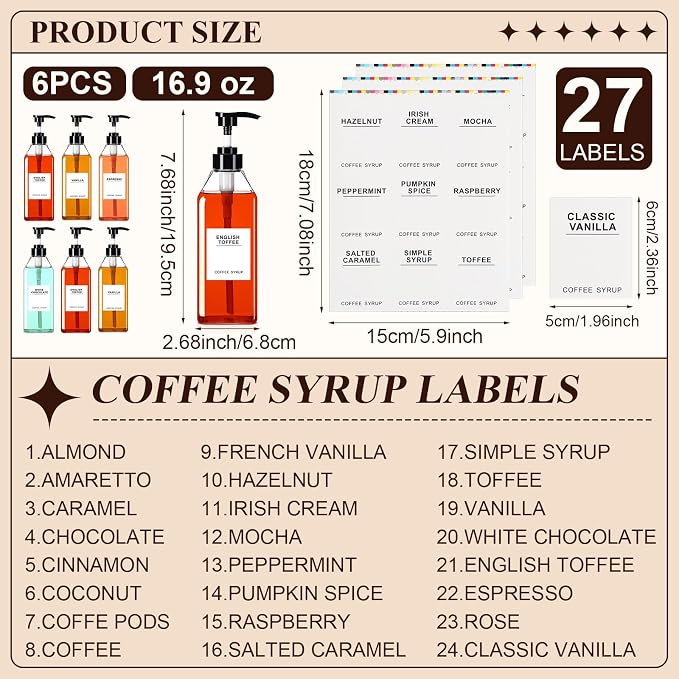 Nuogo 6 Pcs Coffee Syrup Dispenser Bottles Set 750ml, 150ml PET Black Syrup - Image 2