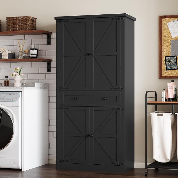 BORNOON Pantry Organizers and Storage Cabinet, 67.7” Barn Door White Kitchen - Image 7